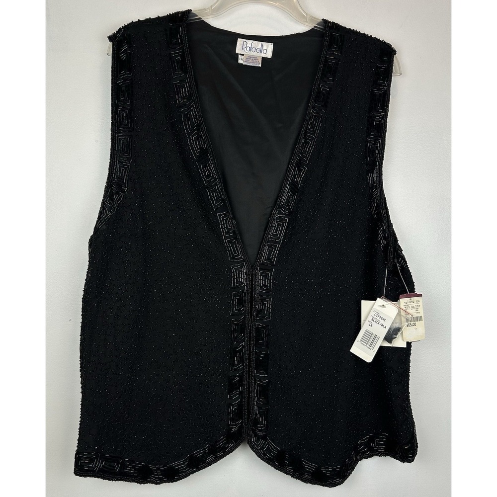 Vtg Beaded Silk Vest Womens 1X Black Special Occasion Cocktail Silk Elegant New